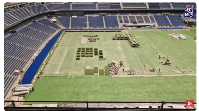 Avance obras Bernabéu: Terminan de pintar de verde la losa de hormigón (Foto del vídeo de Maribel de Jesús)